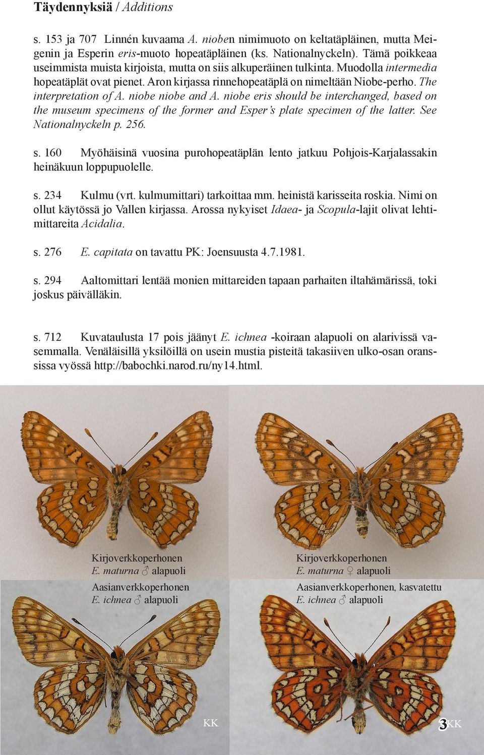 The interpretation of A. niobe niobe and A. niobe eris should be interchanged, based on the museum specimens of the former and Esper s plate specimen of the latter. See Nationalnyckeln p. 256. s. 160 Myöhäisinä vuosina purohopeatäplän lento jatkuu Pohjois-Karjalassakin heinäkuun loppupuolelle.