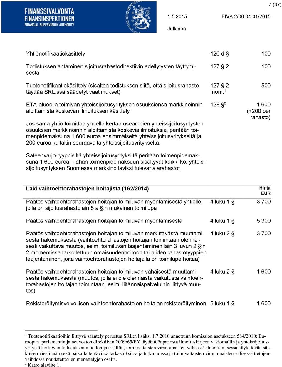 1 500 ETA-alueella toimivan yhteissijoitusyrityksen osuuksiensa markkinoinnin aloittamista koskevan ilmoituksen käsittely Jos sama yhtiö toimittaa yhdellä kertaa useampien yhteissijoitusyritysten