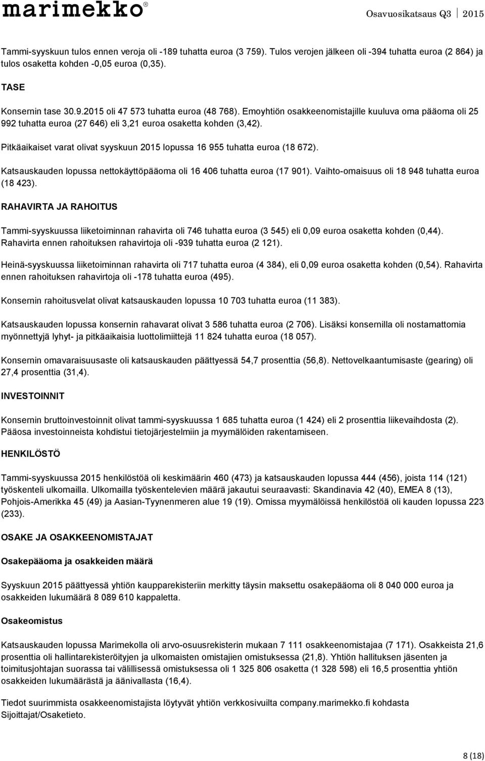 Pitkäaikaiset varat olivat syyskuun 2015 lopussa 16 955 tuhatta euroa (18 672). Katsauskauden lopussa nettokäyttöpääoma oli 16 406 tuhatta euroa (17 901).