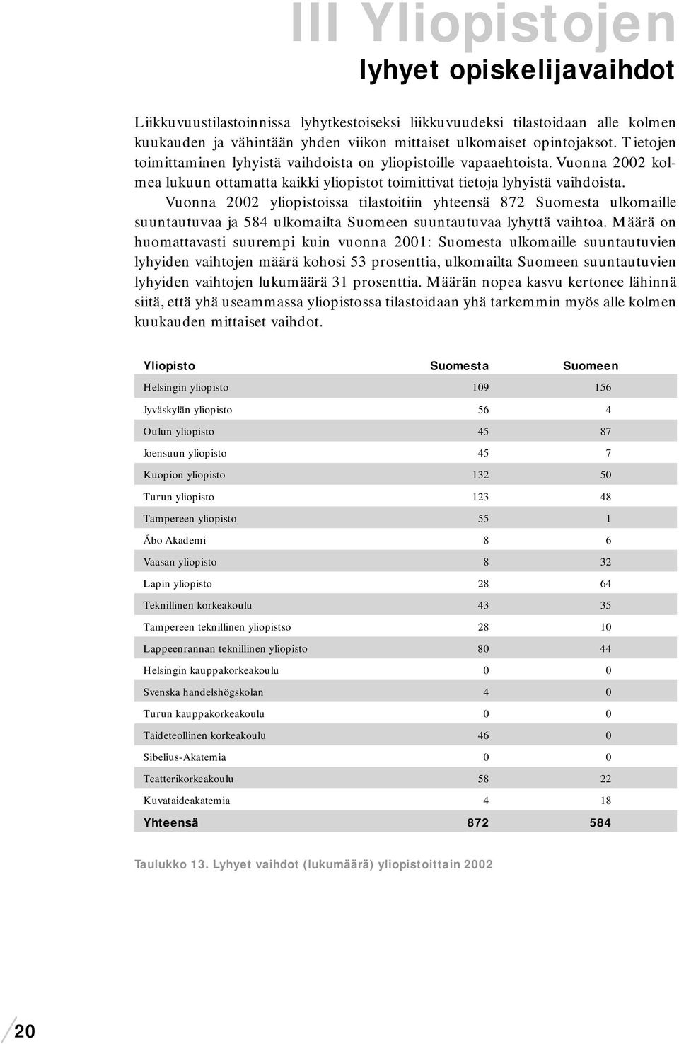 Vuonna 2002 yliopistoissa tilastoitiin yhteensä 872 Suomesta ulkomaille suuntautuvaa ja 584 ulkomailta Suomeen suuntautuvaa lyhyttä vaihtoa.