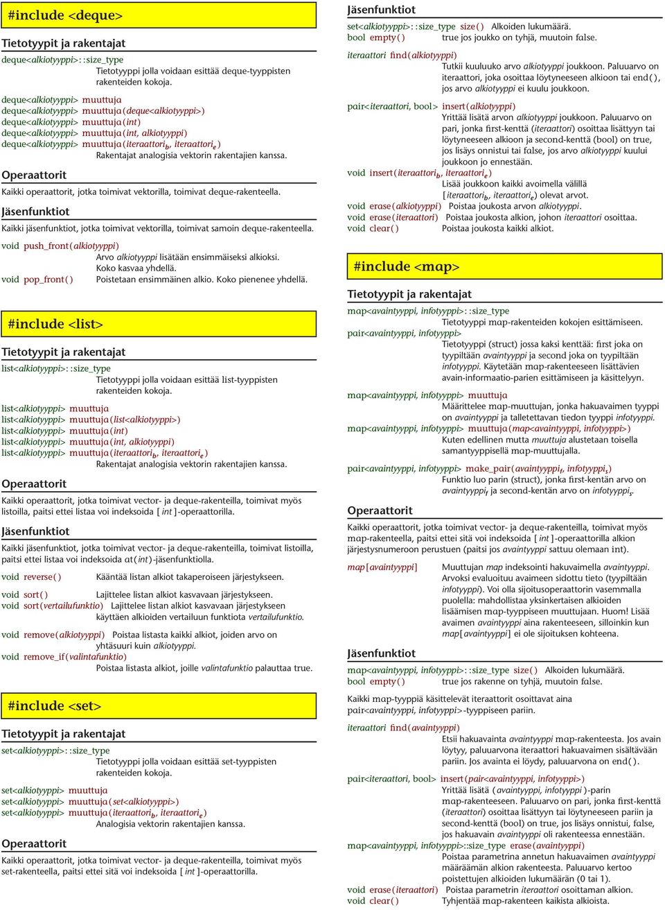 Kaikki operaattorit, jotka toimivat vektorilla, toimivat deque-rakenteella. Kaikki jäsenfunktiot, jotka toimivat vektorilla, toimivat samoin deque-rakenteella.