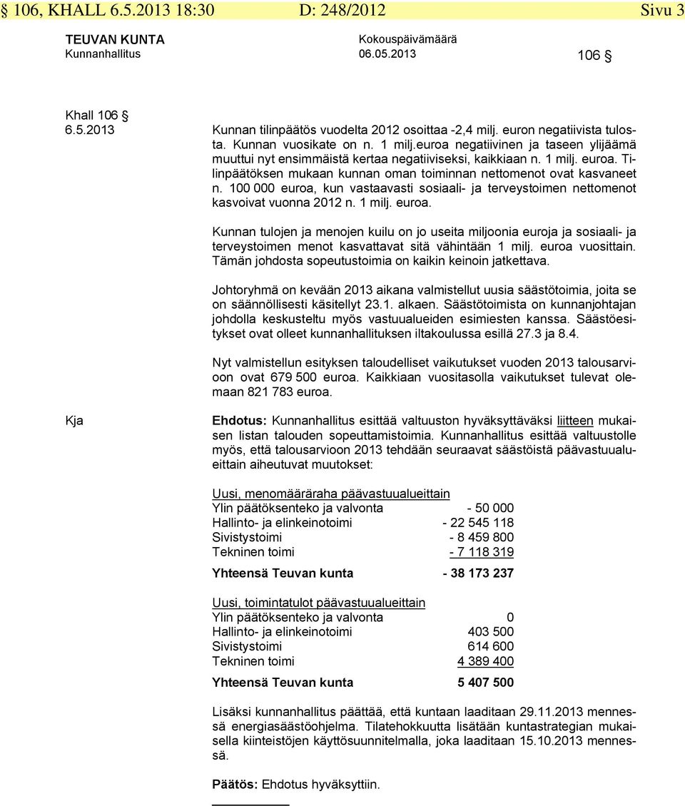 100 000 euroa, kun vastaavasti sosiaali- ja terveystoimen nettomenot kasvoivat vuonna 2012 n. 1 milj. euroa. Kunnan tulojen ja menojen kuilu on jo useita miljoonia euroja ja sosiaali- ja terveystoimen menot kasvattavat sitä vähintään 1 milj.