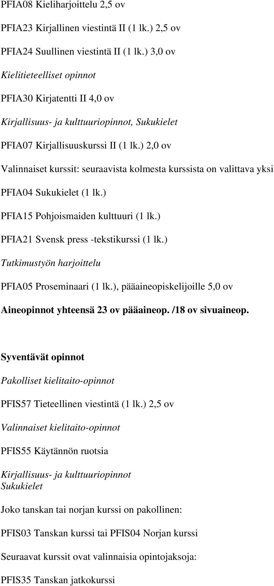 ) 2,0 ov Valinnaiset kurssit: seuraavista kolmesta kurssista on valittava yksi PFIA04 Sukukielet (1 lk.) PFIA15 Pohjoismaiden kulttuuri (1 lk.) PFIA21 Svensk press -tekstikurssi (1 lk.