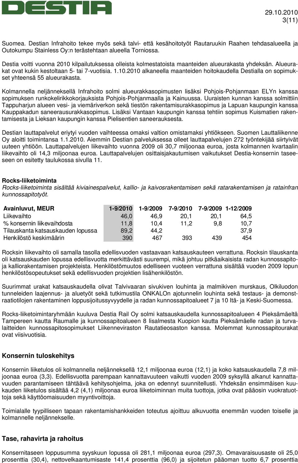 Kolmannella neljänneksellä Infrahoito solmi alueurakkasopimusten lisäksi Pohjois-Pohjanmaan ELYn kanssa sopimuksen runkokelirikkokorjauksista Pohjois-Pohjanmaalla ja Kainuussa.