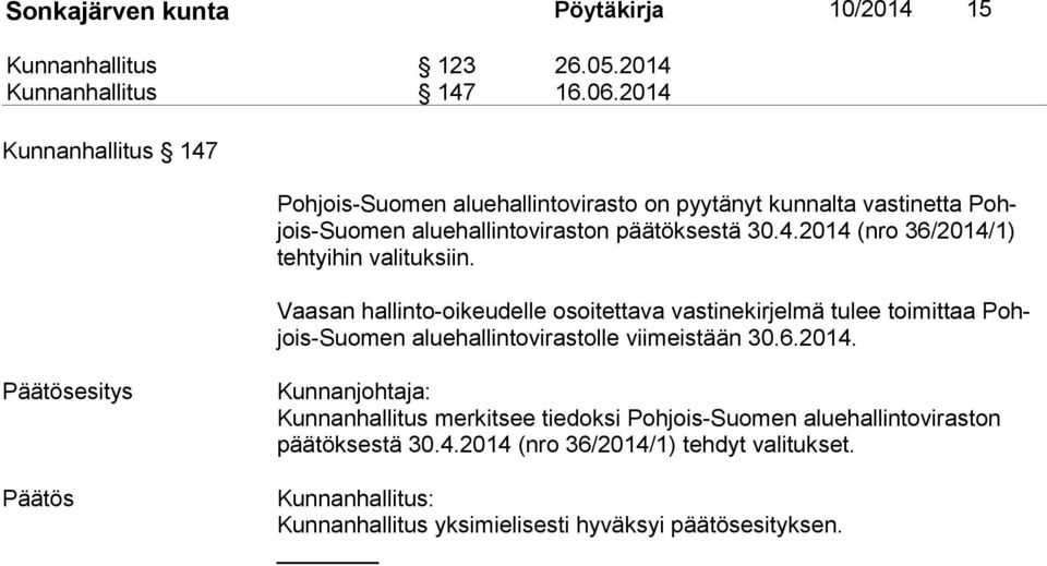 Vaasan hallinto-oikeudelle osoitettava vastinekirjelmä tulee toimittaa Pohjois-Suo men aluehallintovirastolle viimeistään 30.6.2014.