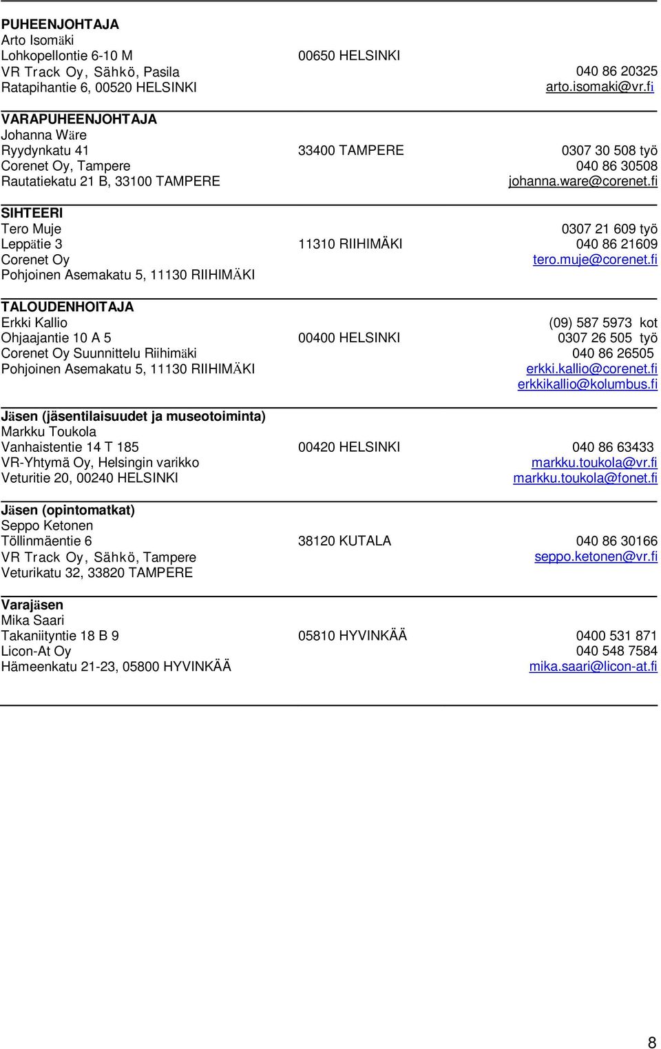 fi SIHTEERI Tero Muje Leppätie 3 Corenet Oy Pohjoinen Asemakatu 5, 11130 RIIHIMÄKI TALOUDENHOITAJA Erkki Kallio Ohjaajantie 10 A 5 Corenet Oy Suunnittelu Riihimäki Pohjoinen Asemakatu 5, 11130