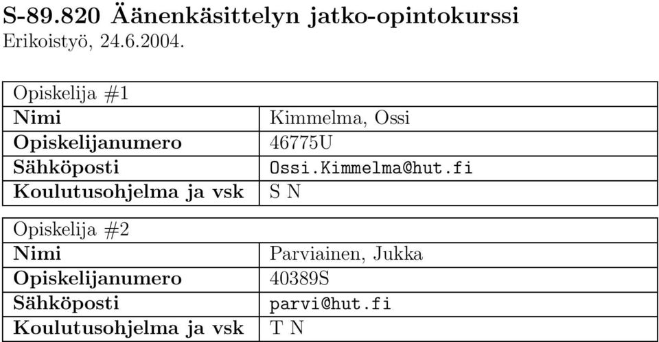 Opiskelija #2 Nimi Opiskelijanumero Sähköposti Koulutusohjelma ja vsk