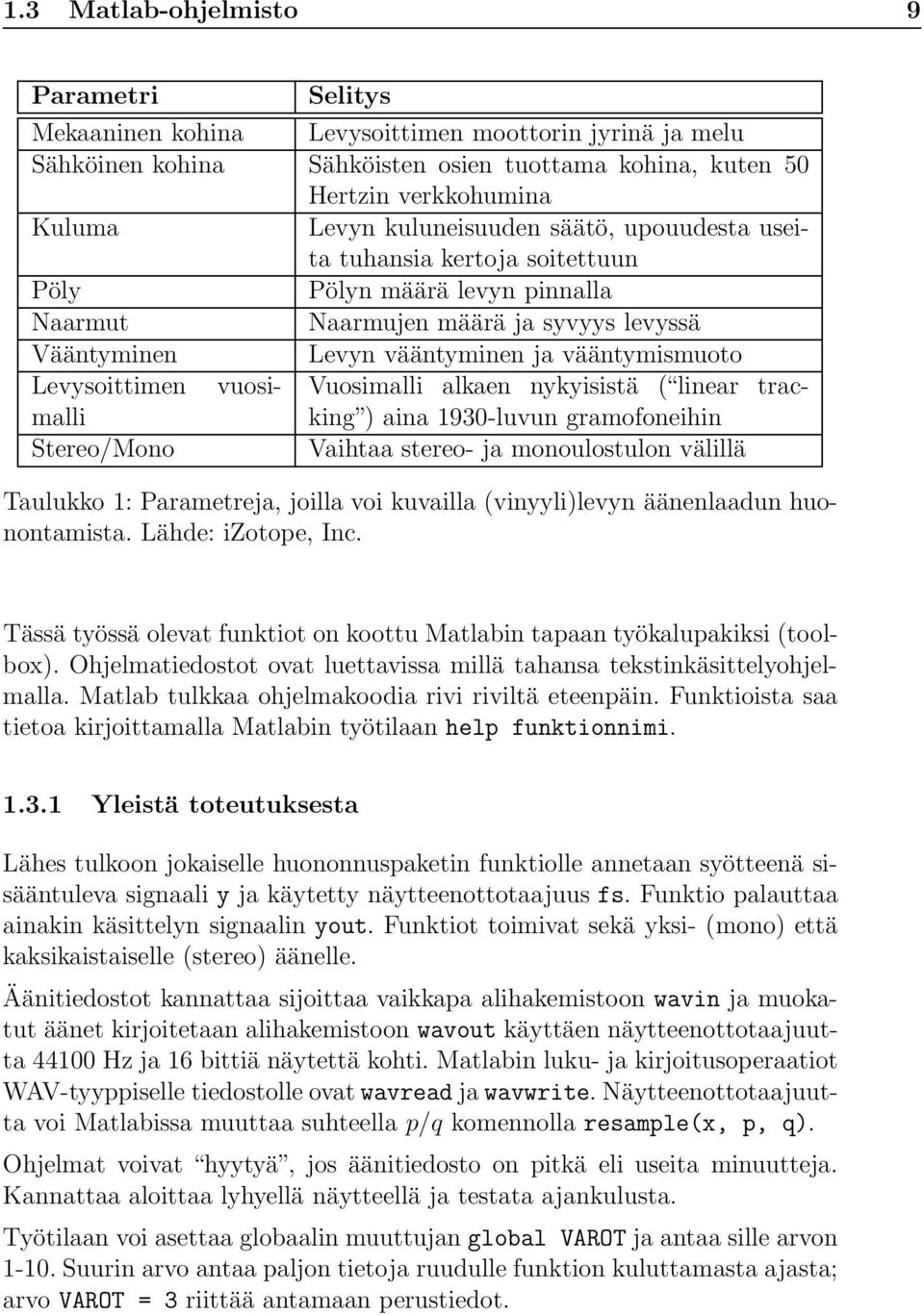 Levysoittimen vuosimallking ) Vuosimalli alkaen nykyisistä ( linear trac- aina 1930-luvun gramofoneihin Stereo/Mono Vaihtaa stereo- ja monoulostulon välillä Taulukko 1: Parametreja, joilla voi