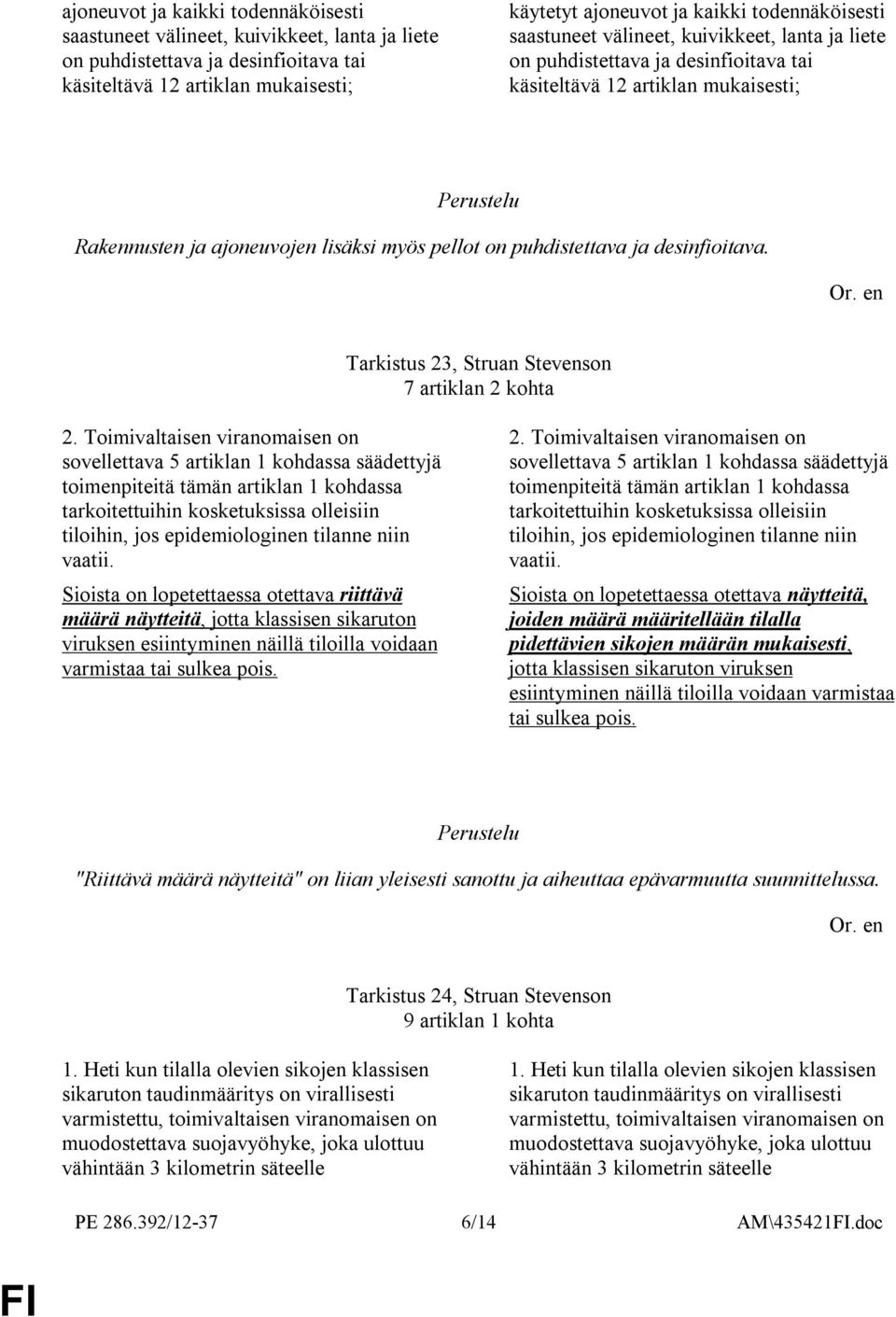 puhdistettava ja desinfioitava. Tarkistus 23, Struan Stevenson 7 artiklan 2 kohta 2.