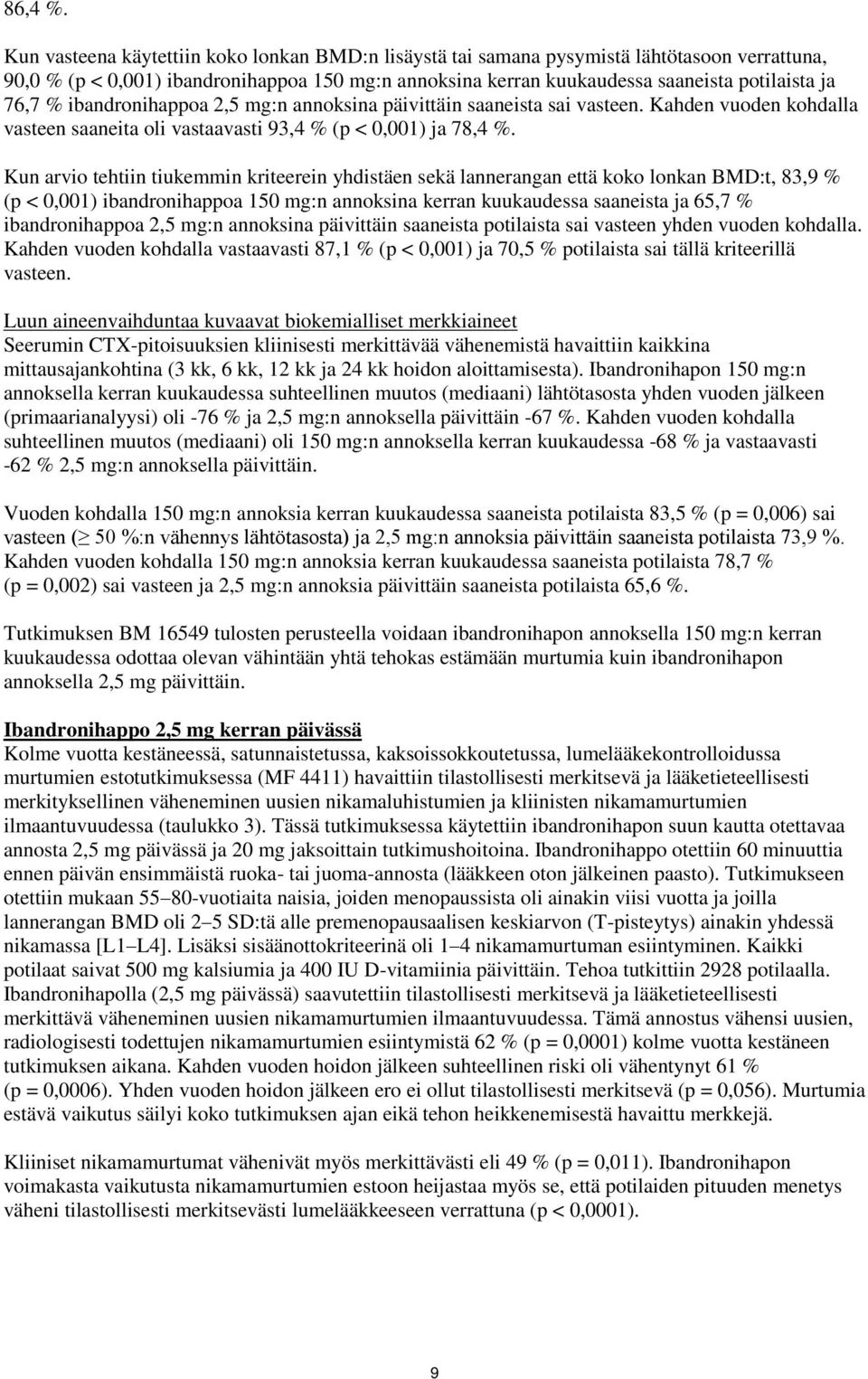 ibandronihappoa 2,5 mg:n annoksina päivittäin saaneista sai vasteen. Kahden vuoden kohdalla vasteen saaneita oli vastaavasti 93,4 % (p < 0,001) ja 78,4 %.