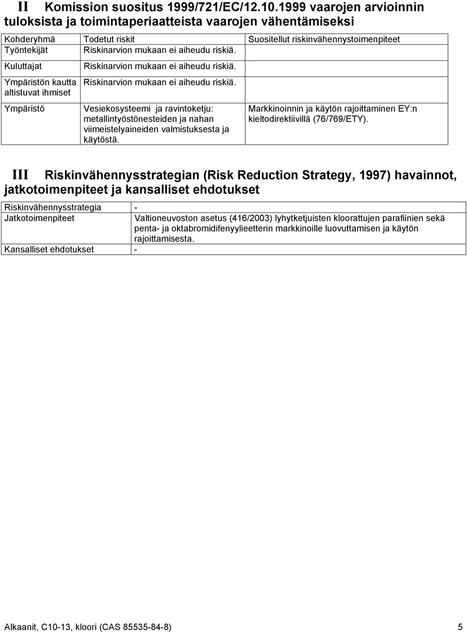 Kuluttajat Ympäristön kautta altistuvat ihmiset Ympäristö III Riskinarvion mukaan ei aiheudu riskiä.