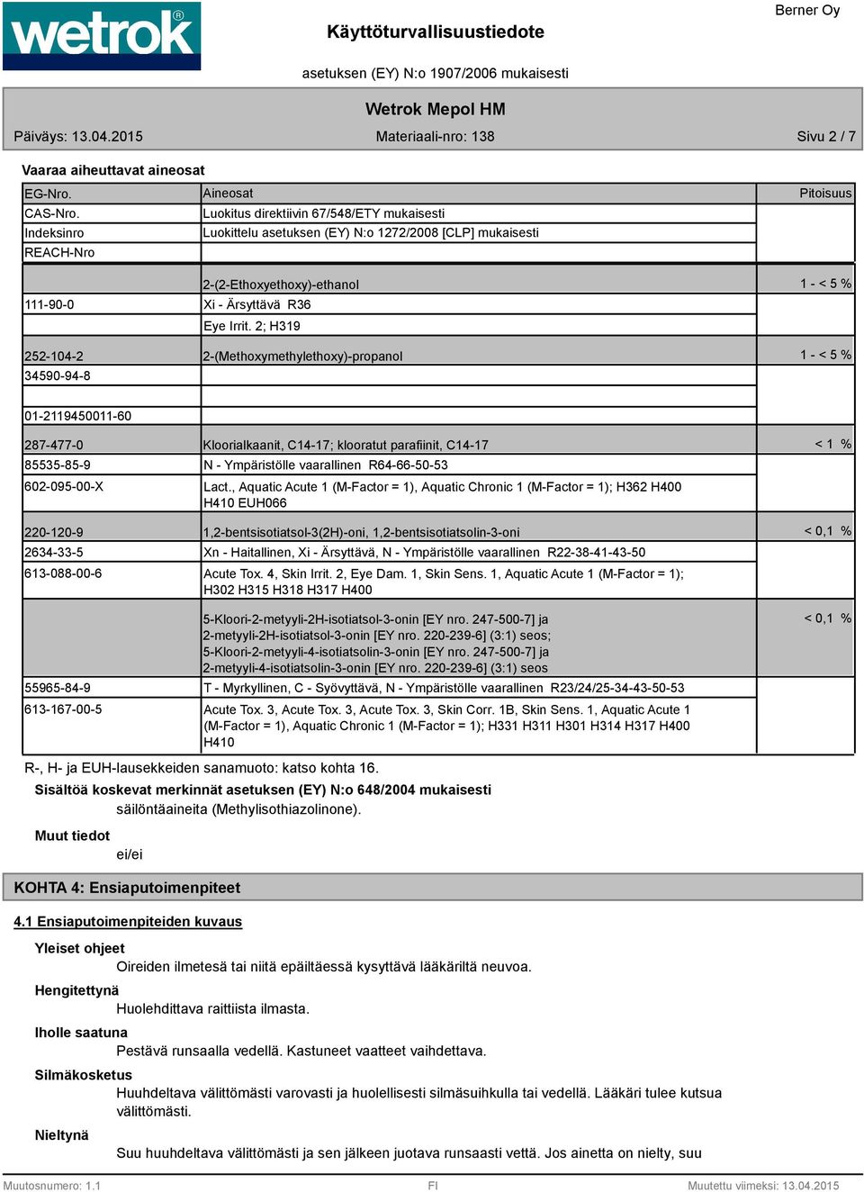 2; H319 Pitoisuus 1 - < 5 % 252-104-2 2-(Methoxymethylethoxy)-propanol 1 - < 5 % 34590-94-8 01-2119450011-60 287-477-0 Kloorialkaanit, C14-17; klooratut parafiinit, C14-17 < 1 % 85535-85-9