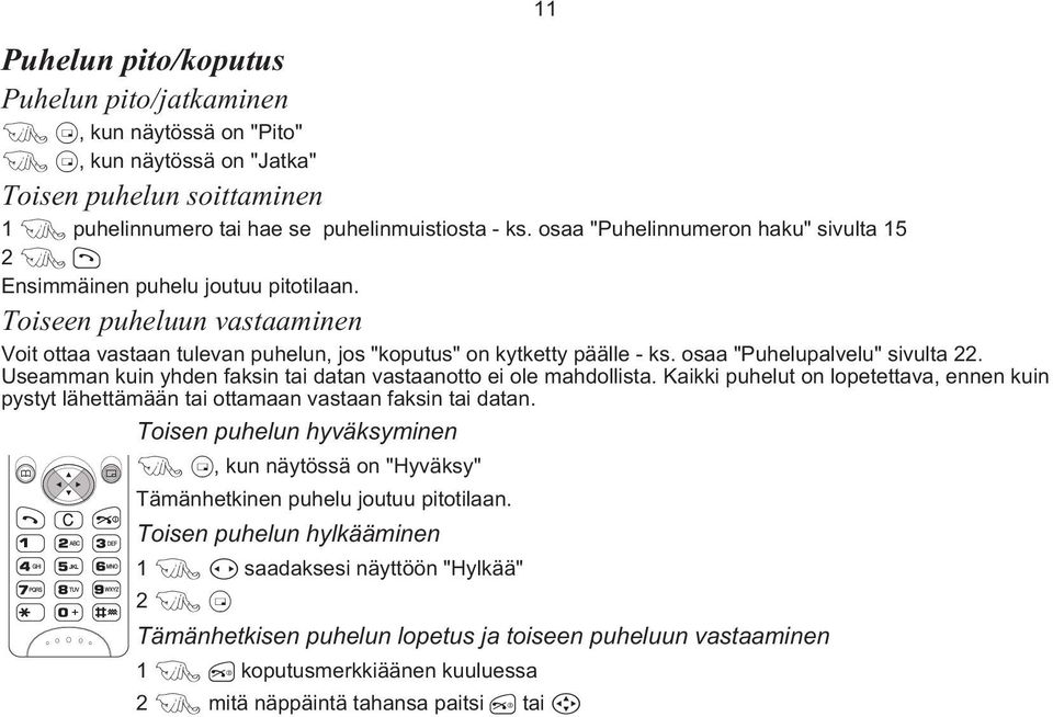 osaa "Puhelupalvelu" sivulta 22. Useamman kuin yhden faksin tai datan vastaanotto ei ole mahdollista.