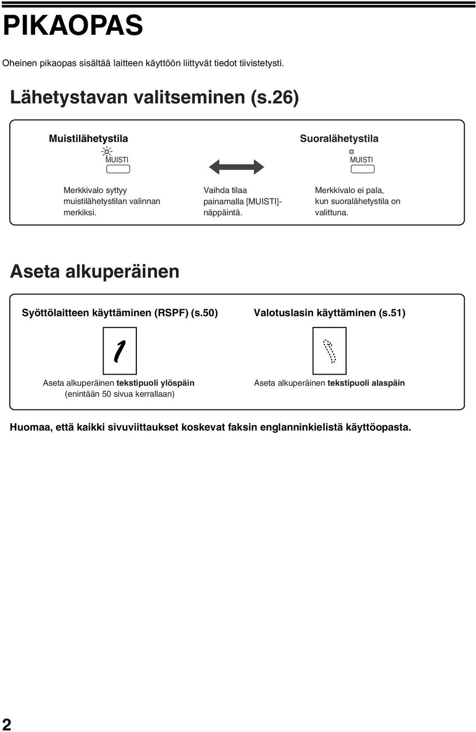 Merkkivalo ei pala, kun suoralähetystila on valittuna. Aseta alkuperäinen Syöttölaitteen käyttäminen (RSPF) (s.50) Valotuslasin käyttäminen (s.