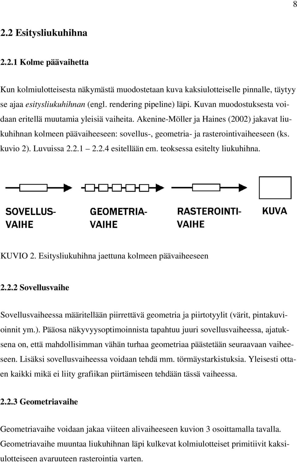 kuvio 2). Luvuissa 2.2.1 2.2.4 esitellään em. teoksessa esitelty liukuhihna. KUVIO 2. Esitysliukuhihna jaettuna kolmeen päävaiheeseen 2.2.2 Sovellusvaihe Sovellusvaiheessa määritellään piirrettävä geometria ja piirtotyylit (värit, pintakuvioinnit ym.