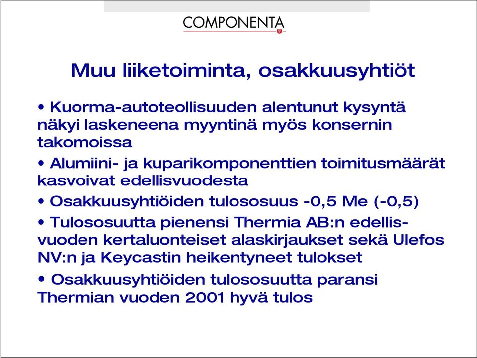 Osakkuusyhtiöiden tulososuus -,5 Me (-,5) Tulososuutta pienensi Thermia AB:n edellisvuoden kertaluonteiset