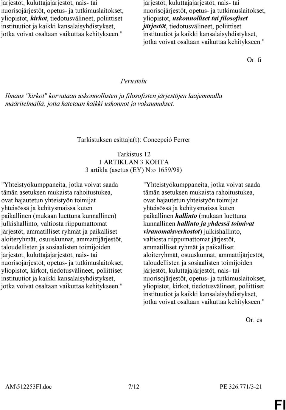 Tarkistuksen esittäjä(t): Concepció Ferrer Tarkistus 12 1 ARTIKLAN 3 KOHTA 3 artikla (asetus (EY) N:o 1659/98) paikallinen (mukaan luettuna kunnallinen) järjestöt, ammatilliset ryhmät ja paikalliset