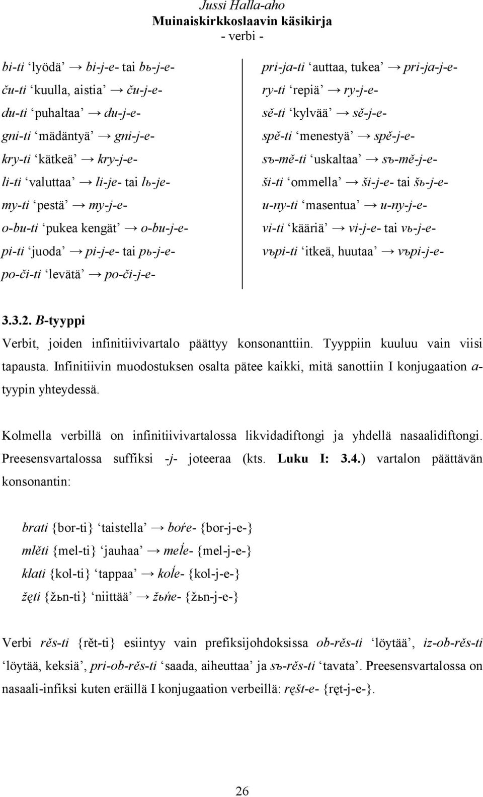 ši-j-e- tai šь-j-eu-ny-ti masentua u-ny-j-evi-ti kääriä vi-j-e- tai vь-j-evъpi-ti itkeä, huutaa vъpi-j-e- 3.3.2. B-tyyppi Verbit, joiden infinitiivivartalo päättyy konsonanttiin.