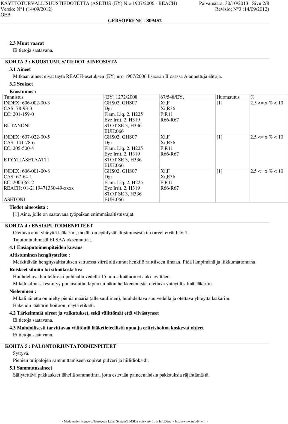 2 Seokset Koostumus : Tunnistus (EY) 1272/2008 67/548/EY, Huomautus % INDEX: 606-002-00-3 CAS: 78-93-3 EC: 201-159-0 [1] 2.