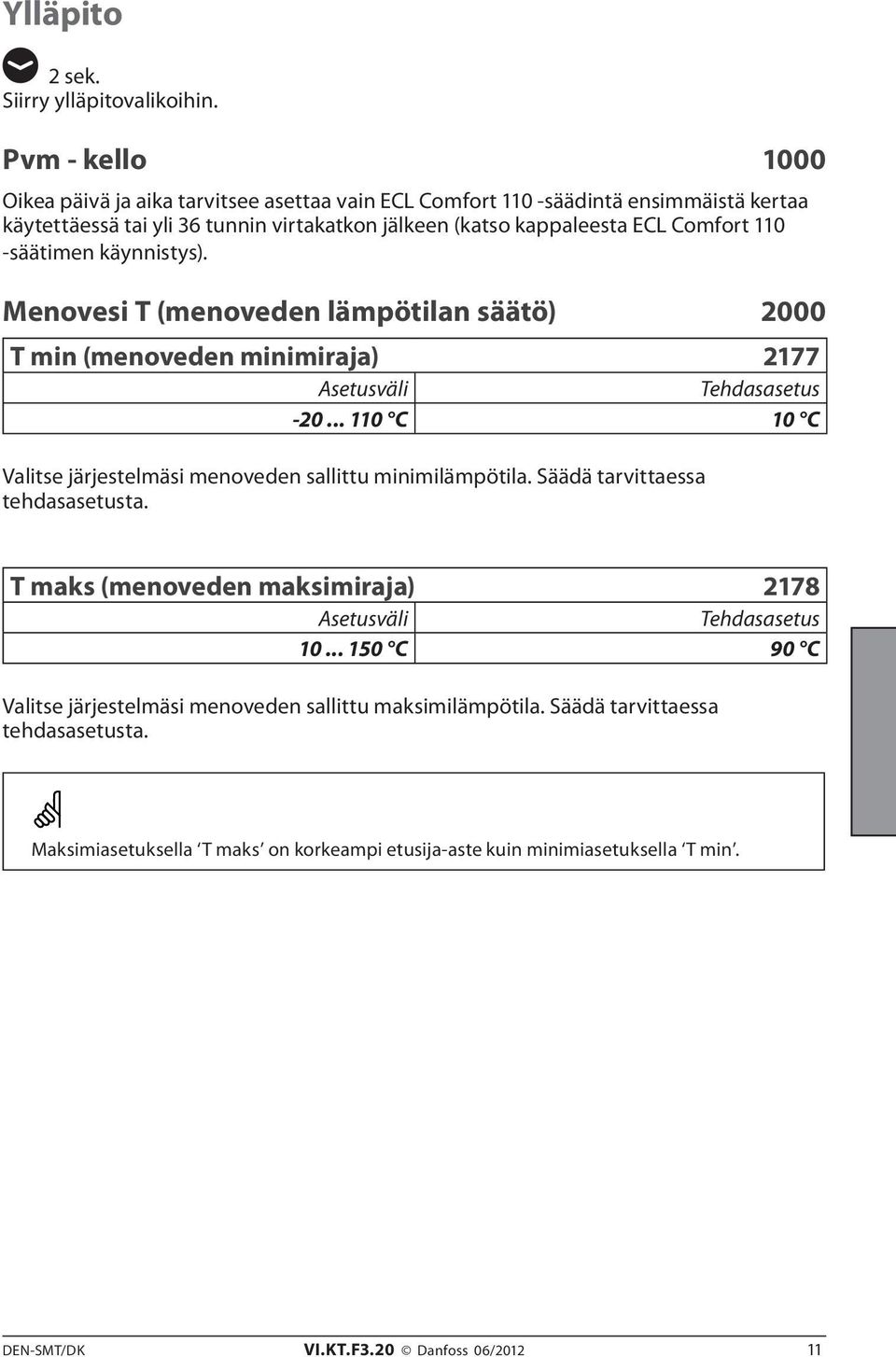 Comfort 110 -säätimen käynnistys). Menovesi T (menoveden lämpötilan säätö) 2000 T min (menoveden minimiraja) 2177-20.