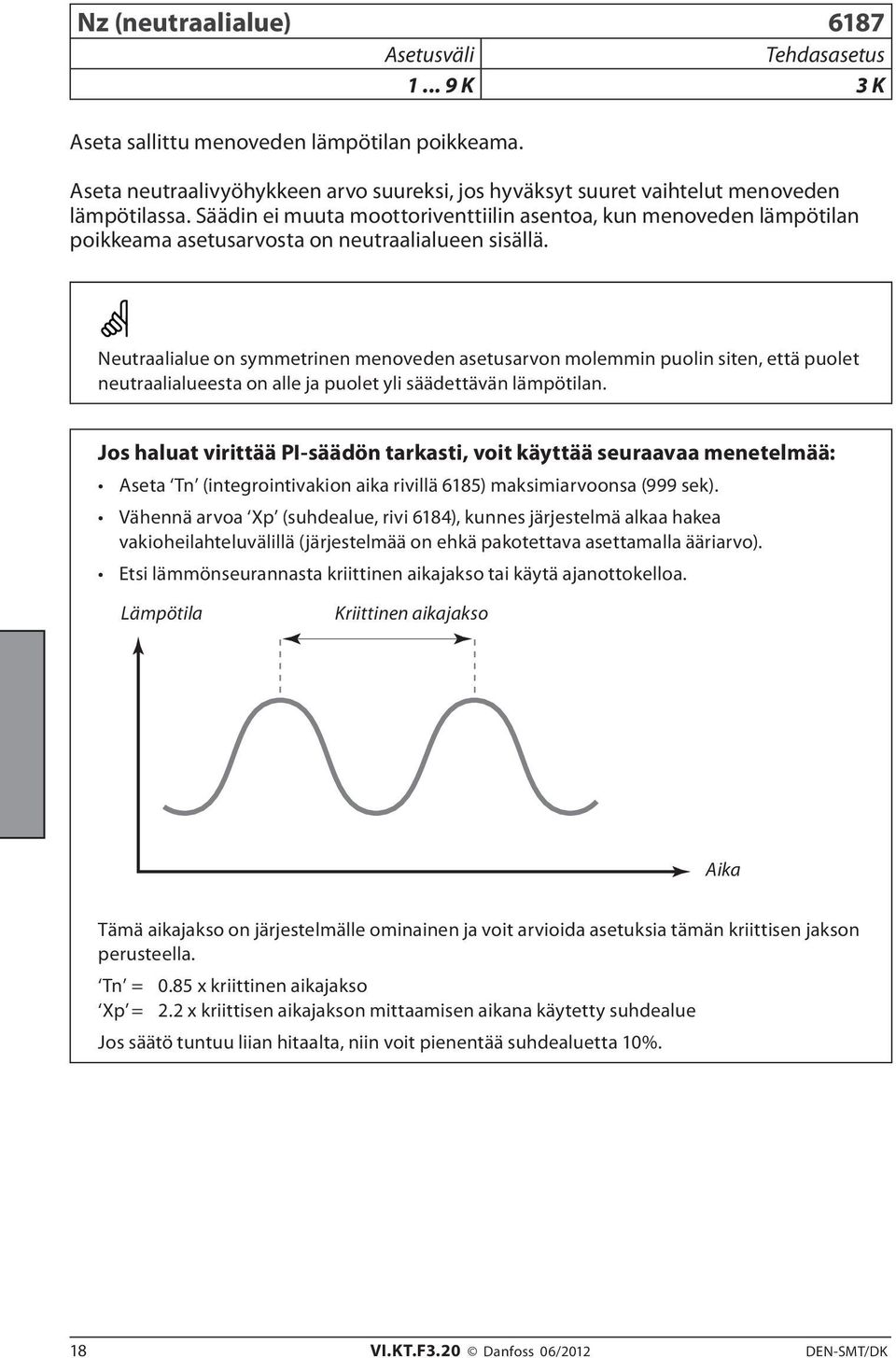 Neutraalialue on symmetrinen menoveden asetusarvon molemmin puolin siten, että puolet neutraalialueesta on alle ja puolet yli säädettävän lämpötilan.