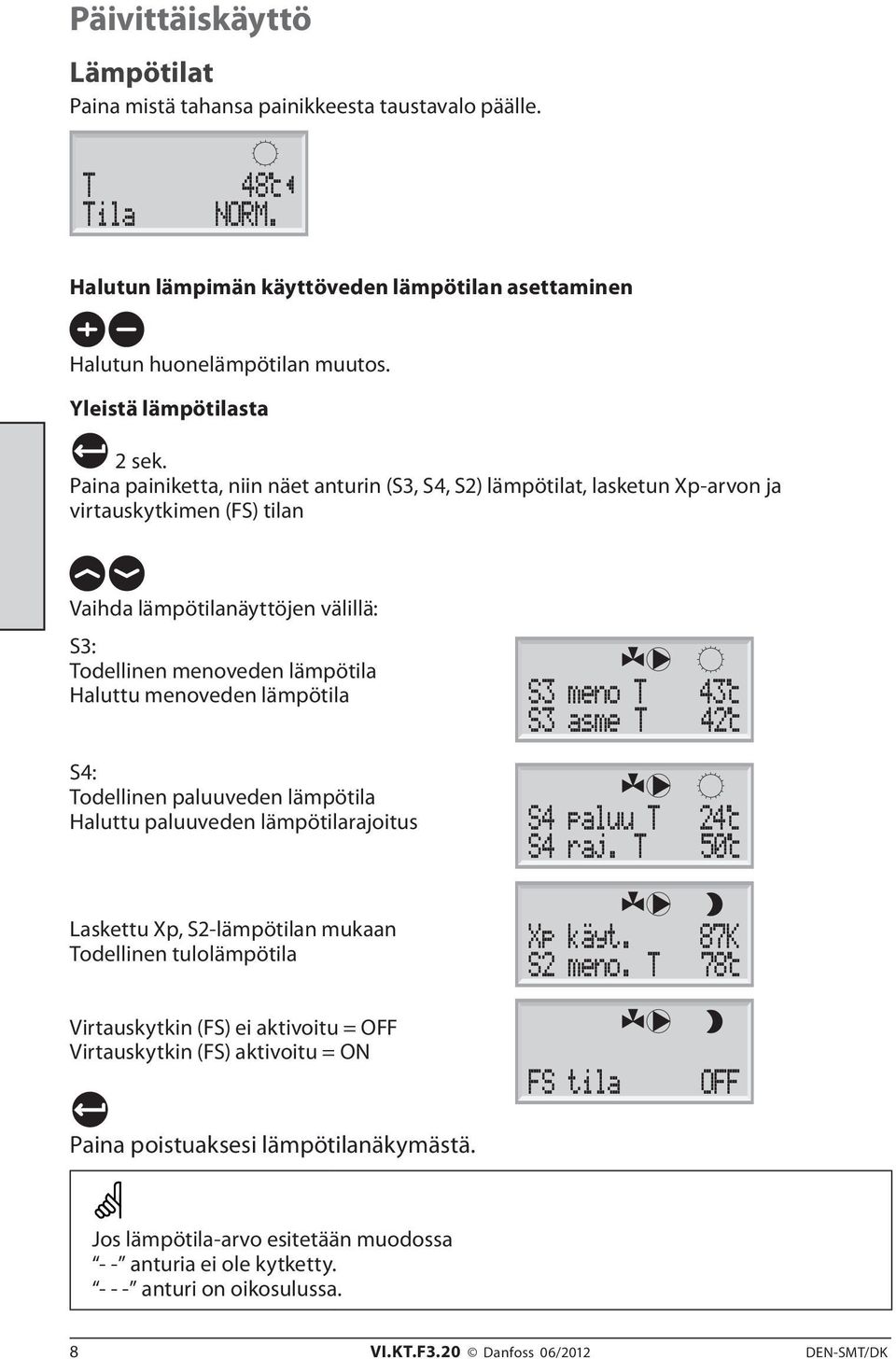 Paina painiketta, niin näet anturin (S3, S4, S2) lämpötilat, lasketun Xp-arvon ja virtauskytkimen (FS) tilan Vaihda lämpötilanäyttöjen välillä: S3: Todellinen menoveden lämpötila Haluttu menoveden