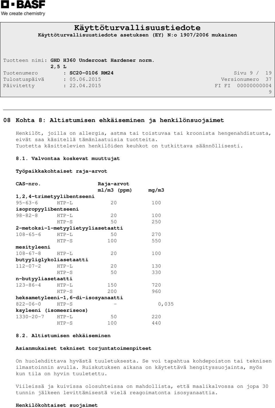 Raja-arvot ml/m3 (ppm) mg/m3 1,2,4-trimetyylibentseeni 95-63-6 HTP-L 20 100 isopropyylibentseeni 98-82-8 HTP-L 20 100 HTP-S 50 250 2-metoksi-1-metyylietyyliasetaatti 108-65-6 HTP-L 50 270 HTP-S 100