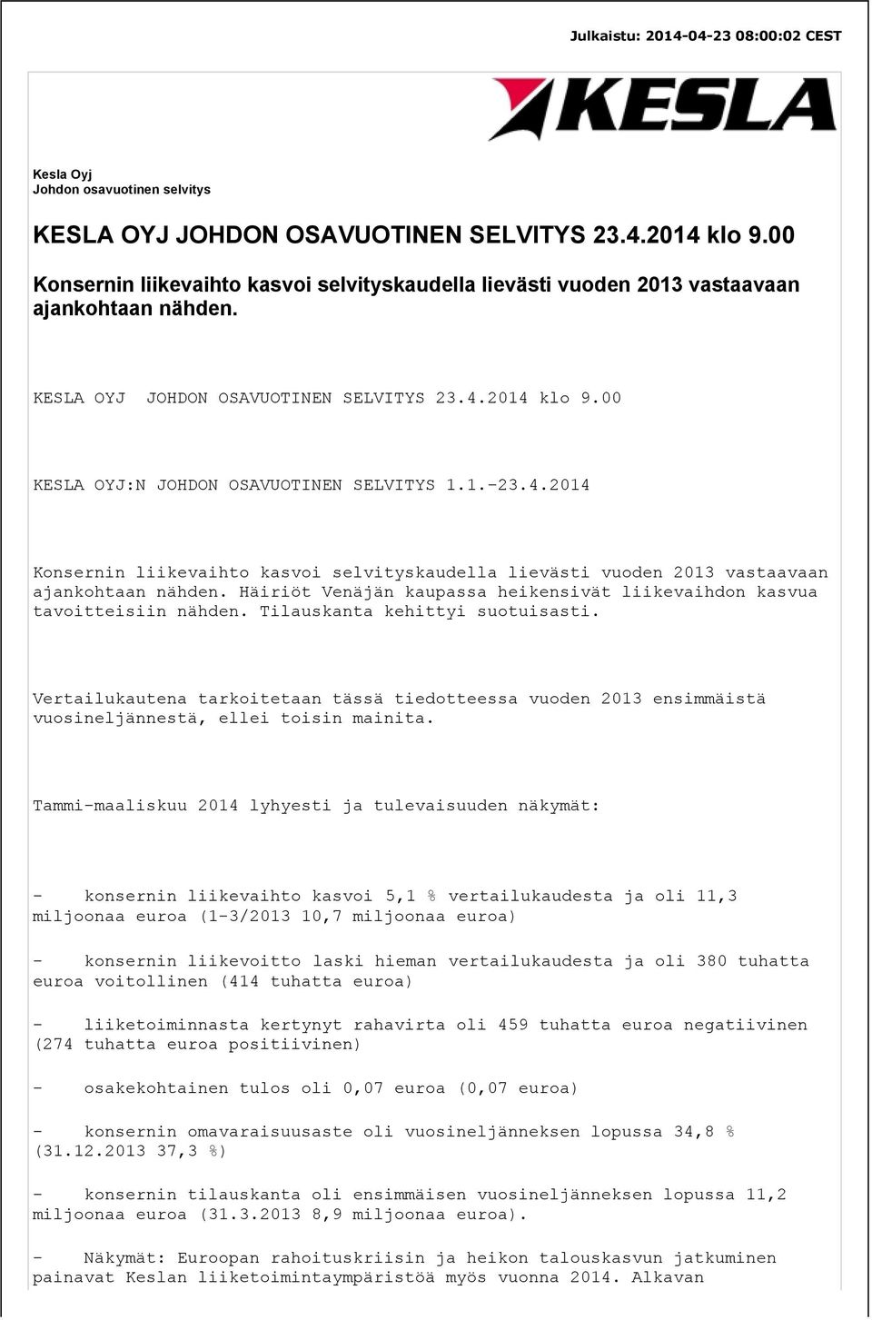 1. 23.4.2014 Konsernin liikevaihto kasvoi selvityskaudella lievästi vuoden 2013 vastaavaan ajankohtaan nähden. Häiriöt Venäjän kaupassa heikensivät liikevaihdon kasvua tavoitteisiin nähden.