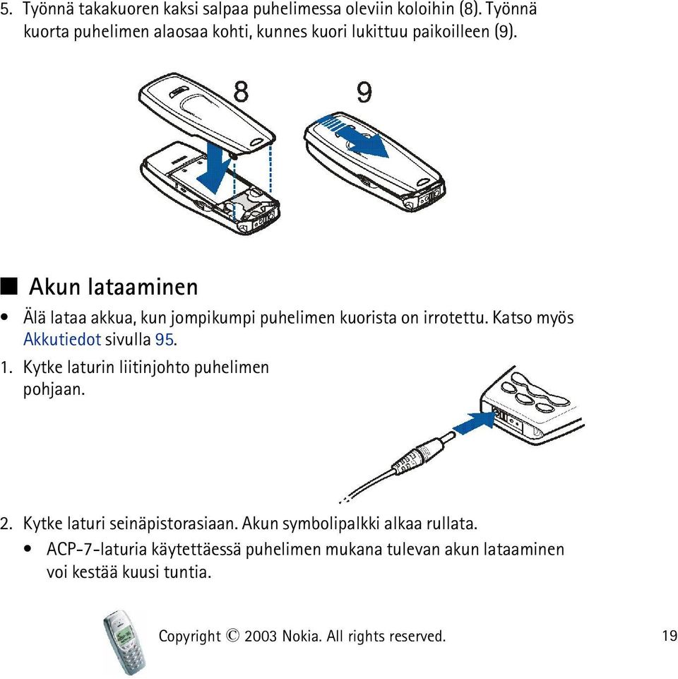 Akun lataaminen Älä lataa akkua, kun jompikumpi puhelimen kuorista on irrotettu. Katso myös Akkutiedot sivulla 95. 1.