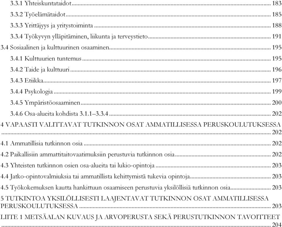 1.1 3.3.4... 202 4 VAPAASTI VALITTAVAT TUTKINNON OSAT AMMATILLISESSA PERUSKOULUTUKSESSA... 202 4.1 Ammatillisia tutkinnon osia... 202 4.2 Paikallisiin ammattitaitovaatimuksiin perustuvia tutkinnon osia.