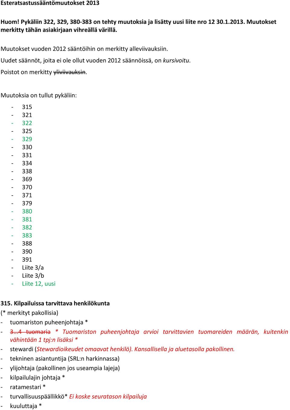 Muutoksia on tullut pykäliin: - 315-321 - 322-325 - 329-330 - 331-334 - 338-369 - 370-371 - 379-380 - 381-382 - 383-388 - 390-391 - Liite 3/a - Liite 3/b - Liite 12, uusi 315.