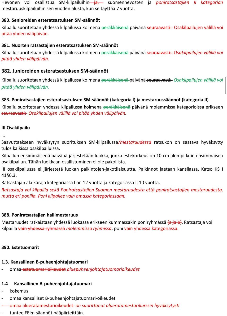 Nuorten ratsastajien esteratsastuksen SM-säännöt Kilpailu suoritetaan yhdessä kilpailussa kolmena peräkkäisenä päivänä seuraavasti: Osakilpailujen välillä voi pitää yhden välipäivän. 382.