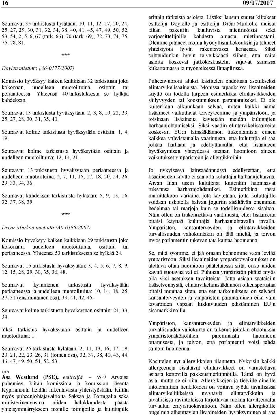 Yhteensä 40 tarkistuksesta se hylkää kahdeksan. Seuraavat 13 tarkistusta hyväksytään: 2, 3, 8, 10, 22, 23, 25, 27, 28, 30, 31, 35, 40. Seuraavat kolme tarkistusta hyväksytään osittain: 1, 4, 19.