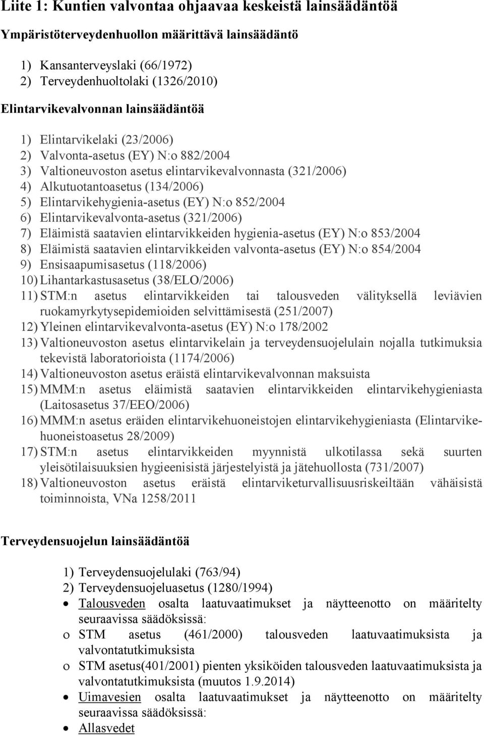 Elintarvikehygienia-asetus (EY) N:o 852/2004 6) Elintarvikevalvonta-asetus (321/2006) 7) Eläimistä saatavien elintarvikkeiden hygienia-asetus (EY) N:o 853/2004 8) Eläimistä saatavien elintarvikkeiden