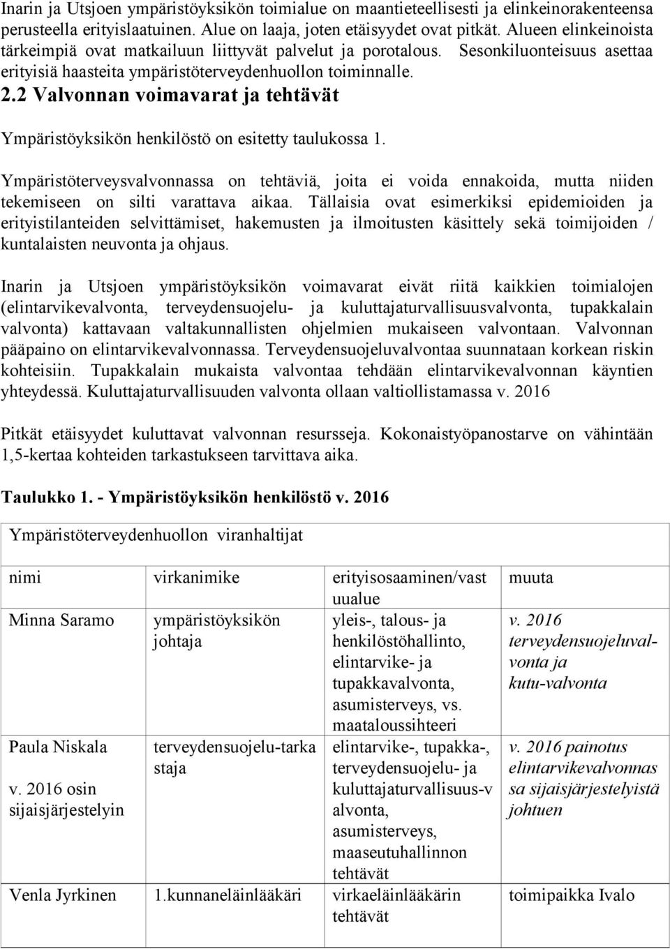 2 Valvonnan voimavarat ja tehtävät Ympäristöyksikön henkilöstö on esitetty taulukossa 1.