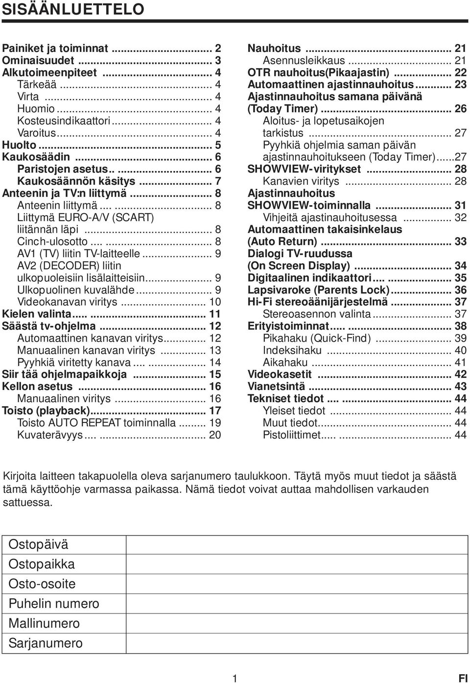 .. 9 AV (DECODER) liitin ulkopuoleisiin lisälaitteisiin... 9 Ulkopuolinen kuvalähde... 9 Videokanavan viritys... 0 Kielen valinta...... Säästä tv-ohjelma... Automaattinen kanavan viritys.