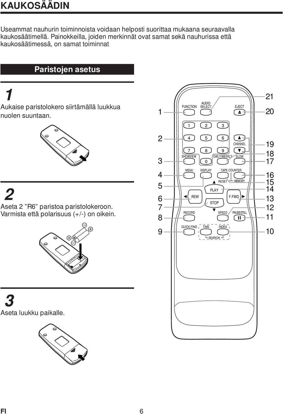 luukkua nuolen suuntaan. FUNCTION AUDIO SELECT EJECT 0 4 5 6 CHANNEL 7 8 9 SHOWVIEW DAILY/WEEKLY SLOW 0 9 8 7 Aseta R6 paristoa paristolokeroon.