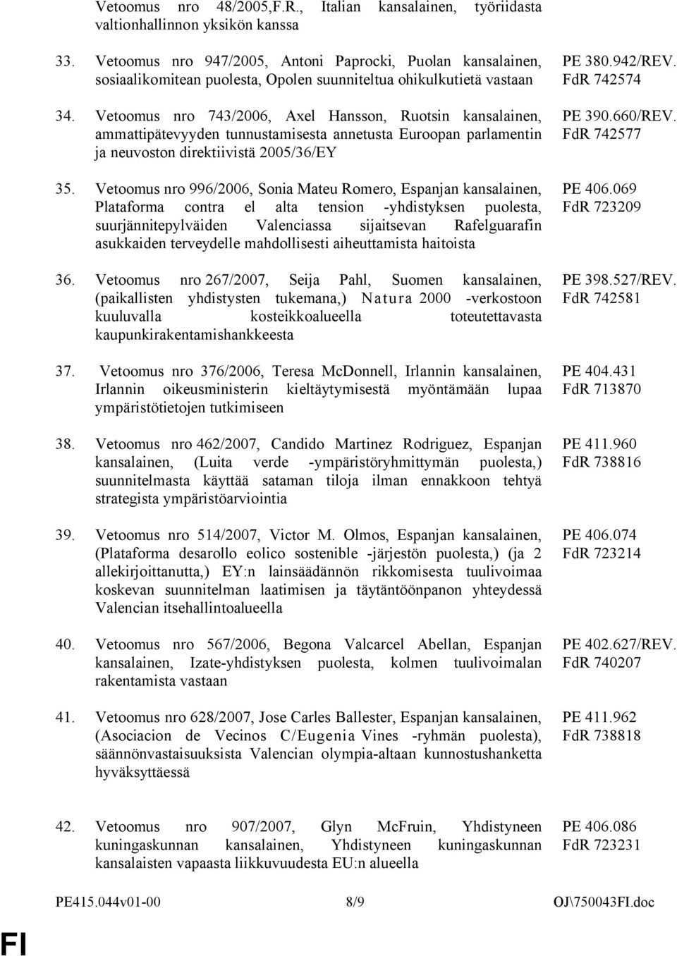 Vetoomus nro 743/2006, Axel Hansson, Ruotsin kansalainen, ammattipätevyyden tunnustamisesta annetusta Euroopan parlamentin neuvoston direktiivistä 2005/36/EY 35.