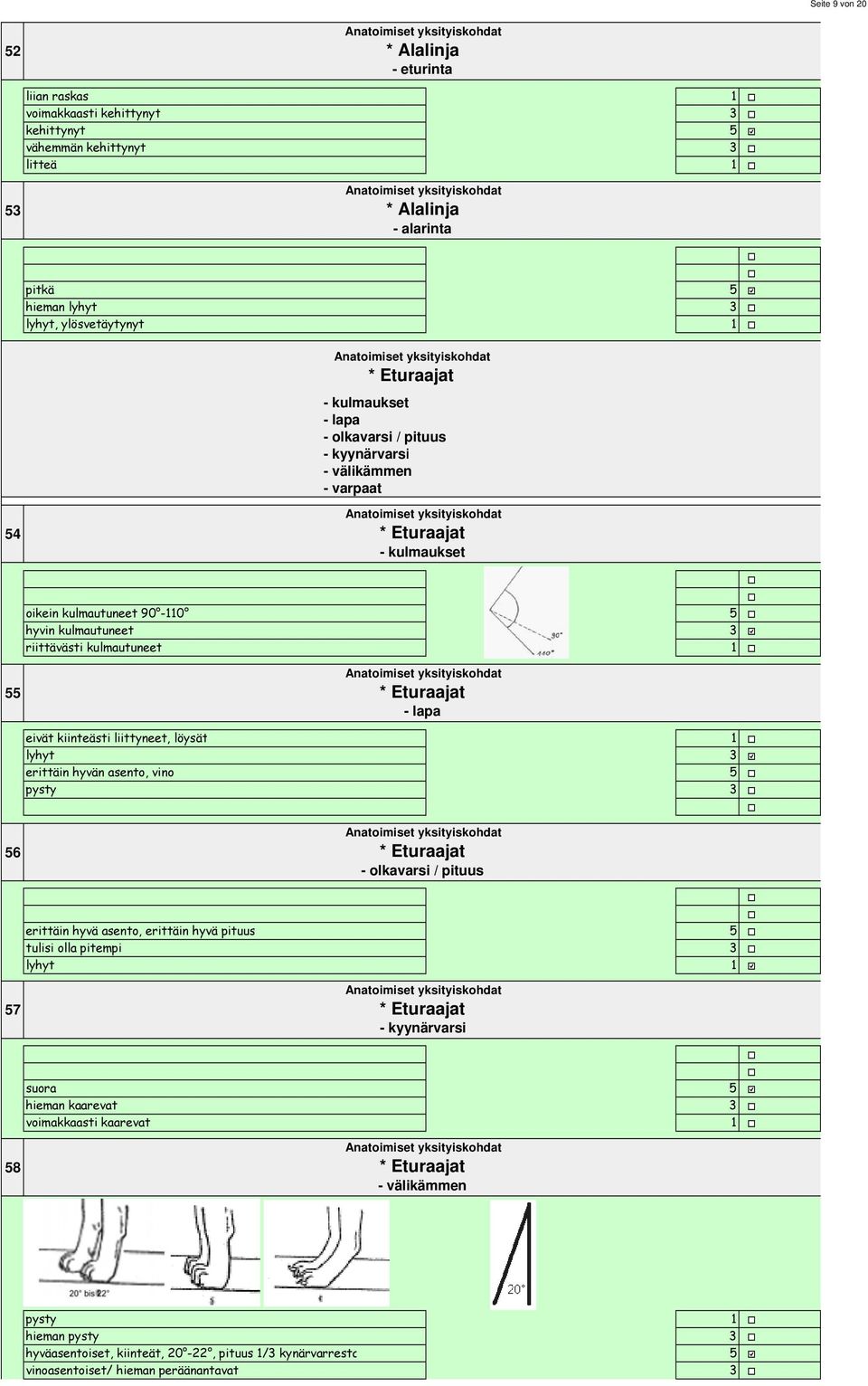 eivät kiinteästi liittyneet, löysät lyhyt erittäin hyvän asento, vino pysty 6 * Eturaajat - olkavarsi / pituus erittäin hyvä asento, erittäin hyvä pituus tulisi olla pitempi lyhyt 7 *