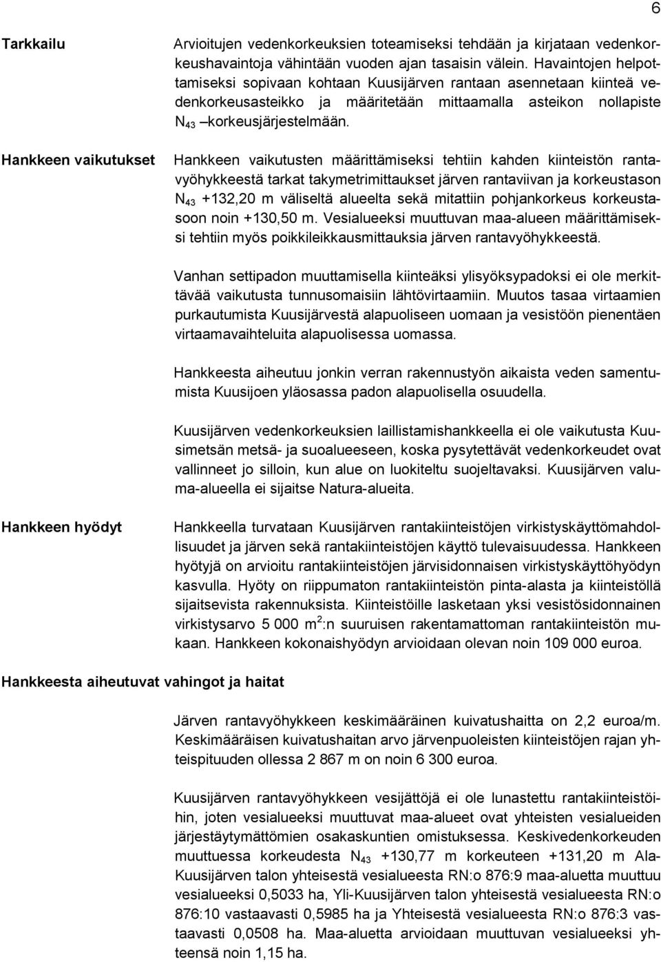 Hankkeen vaikutusten määrittämiseksi tehtiin kahden kiinteistön rantavyöhykkeestä tarkat takymetrimittaukset järven rantaviivan ja korkeustason N 43 +132,20 m väliseltä alueelta sekä mitattiin