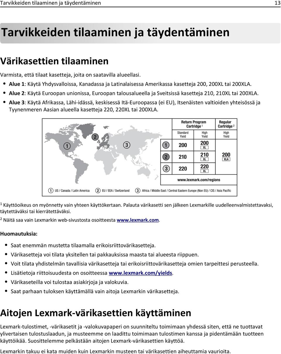 Alue 2: Käytä Euroopan unionissa, Euroopan talousalueella ja Sveitsissä kasetteja 210, 210XL tai 200XLA.