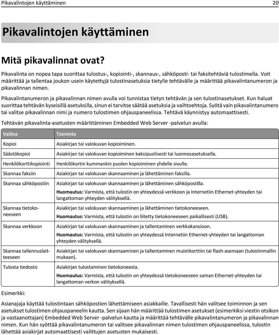 Pikavalintanumeron ja pikavalinnan nimen avulla voi tunnistaa tietyn tehtävän ja sen tulostinasetukset.