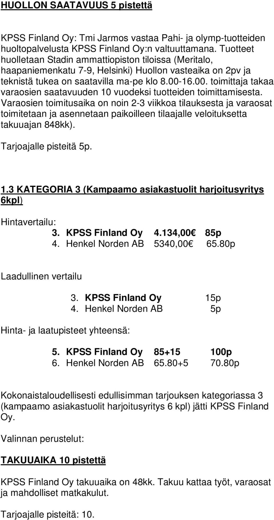 Henkel Norden AB 5p 5. KPSS Finland Oy 85+15 100p 6. Henkel Norden AB 65.80+5 70.
