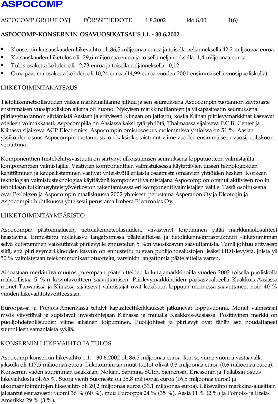 Oma pääoma osaketta kohden oli 10,24 euroa (14,99 euroa vuoden 2001 ensimmäisellä vuosipuoliskolla).