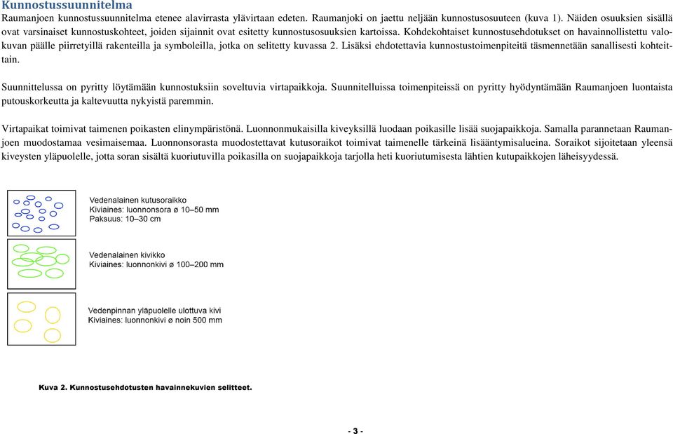 Kohdekohtaiset kunnostusehdotukset on havainnollistettu valokuvan päälle piirretyillä rakenteilla ja symboleilla, jotka on selitetty kuvassa 2.