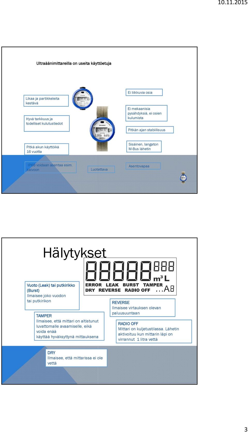 kaivoon Luotettava Asentovapaa Hälytykset Infokoodit Vuoto (Leak) tai putkirikko (Burst) Ilmaisee joko vuodon tai putkirikon TAMPER Ilmaisee, että mittari on altistunut luvattomalle