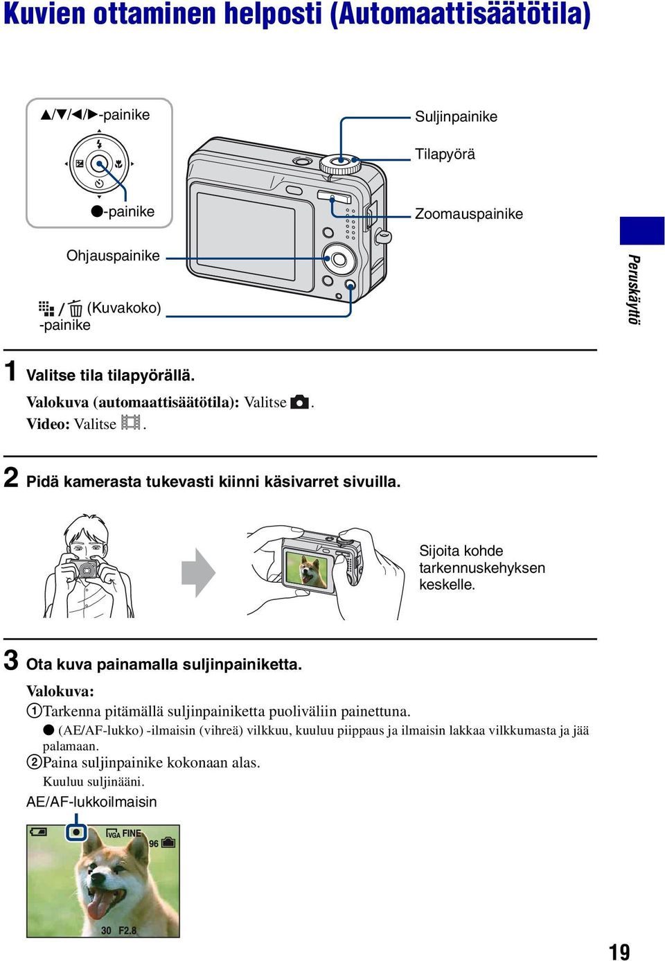 Sijoita kohde tarkennuskehyksen keskelle. 3 Ota kuva painamalla suljinpainiketta. Valokuva: 1Tarkenna pitämällä suljinpainiketta puoliväliin painettuna.