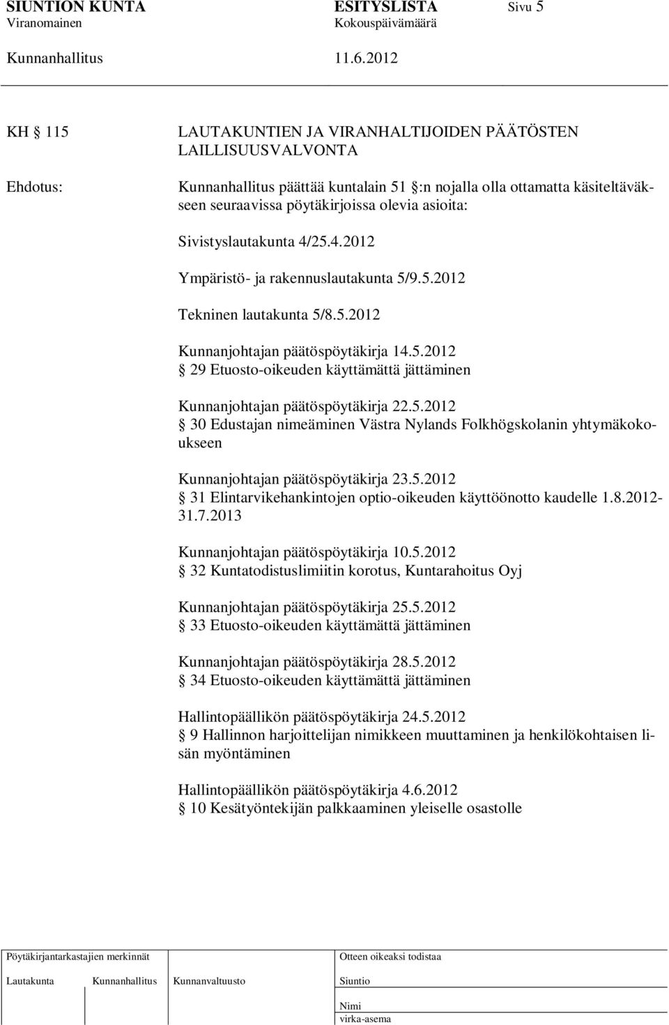 5.2012 30 Edustajan nimeäminen Västra Nylands Folkhögskolanin yhtymäkokoukseen Kunnanjohtajan päätöspöytäkirja 23.5.2012 31 Elintarvikehankintojen optio-oikeuden käyttöönotto kaudelle 1.8.2012-31.7.