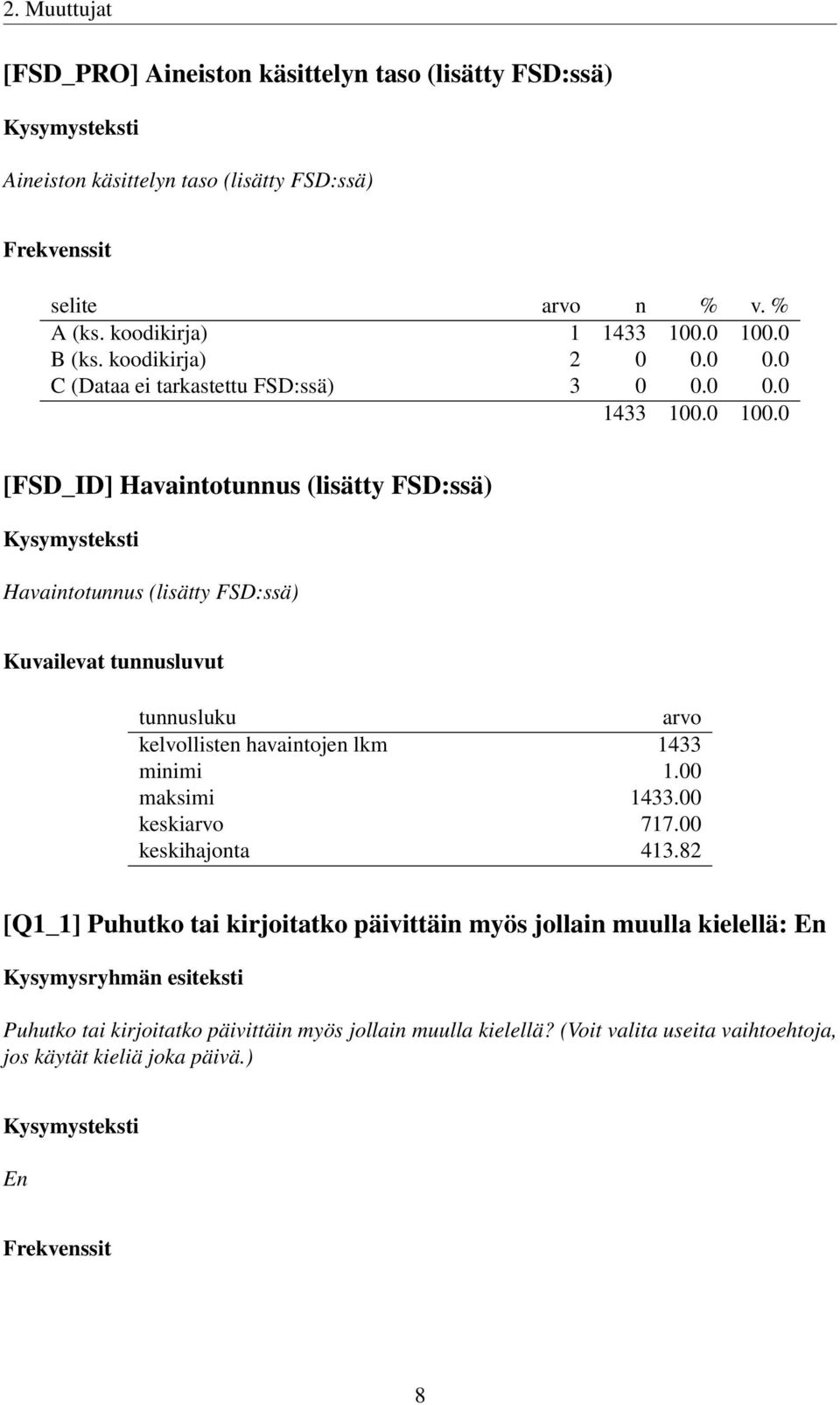 tunnusluku arvo kelvollisten havaintojen lkm 1433 minimi 1.00 maksimi 1433.00 keskiarvo 717.00 keskihajonta 413.