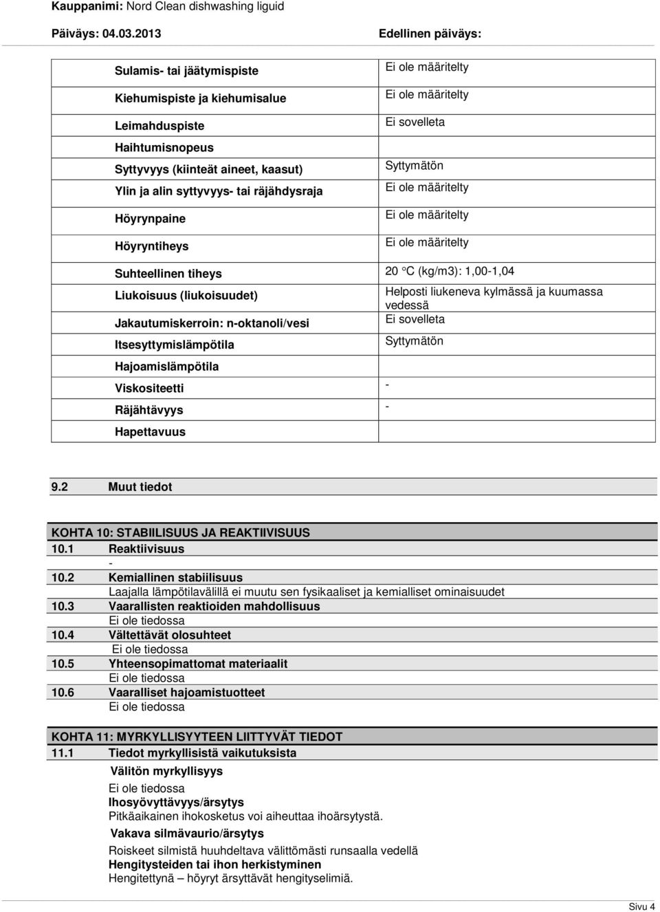 Itsesyttymislämpötila Syttymätön Hajoamislämpötila Viskositeetti Räjähtävyys Hapettavuus 9.2 Muut tiedot KOHTA 10: STABIILISUUS JA REAKTIIVISUUS 10.1 Reaktiivisuus 10.